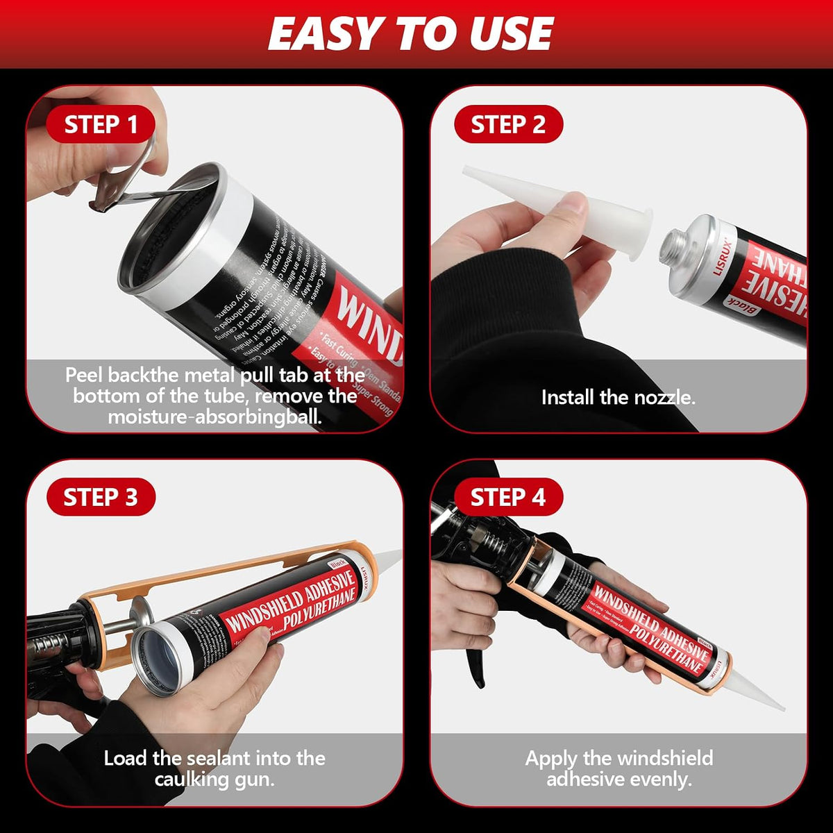 [6 pack] polyurethane windshield adhesive, windshield sealant black showing dimensions
