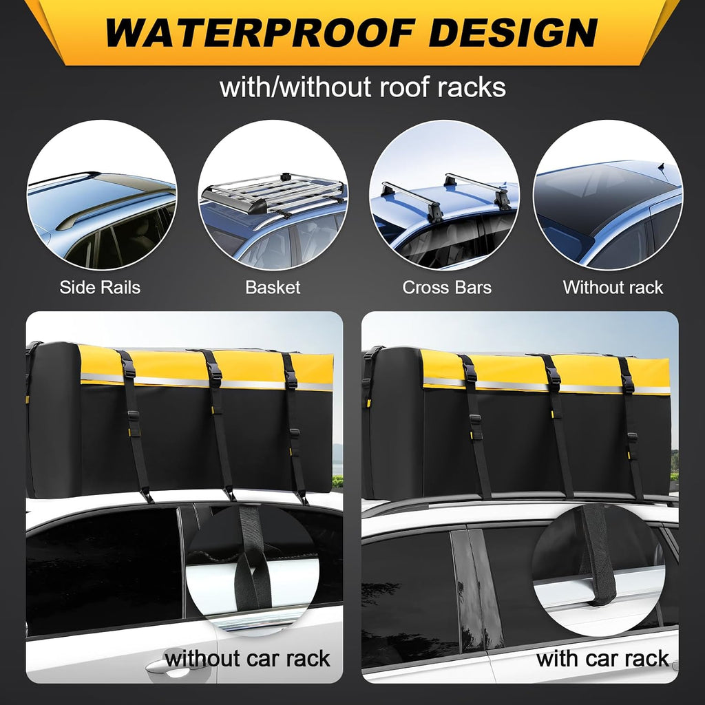 Sailnovo Car Rooftop Cargo Carrier Bag 20 Cubic, PVC Vehicle Soft-Shell Car Top Carrier for Cars with/Without Roof Rack, Waterproof Roof Bag Includes Anti-Slip Mat,10 Reinforced Straps, Yellow