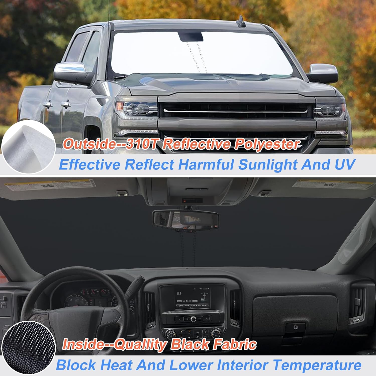 JKCOVER Foldable Front Window Windshield Sunshade Compatible with 2014 2015 2016 2017 2018 Chevy Silverado/GMC Sierra 1500 2500 3500HD Accessories Sun Heat UV Rays Protection Sun Shade Visor