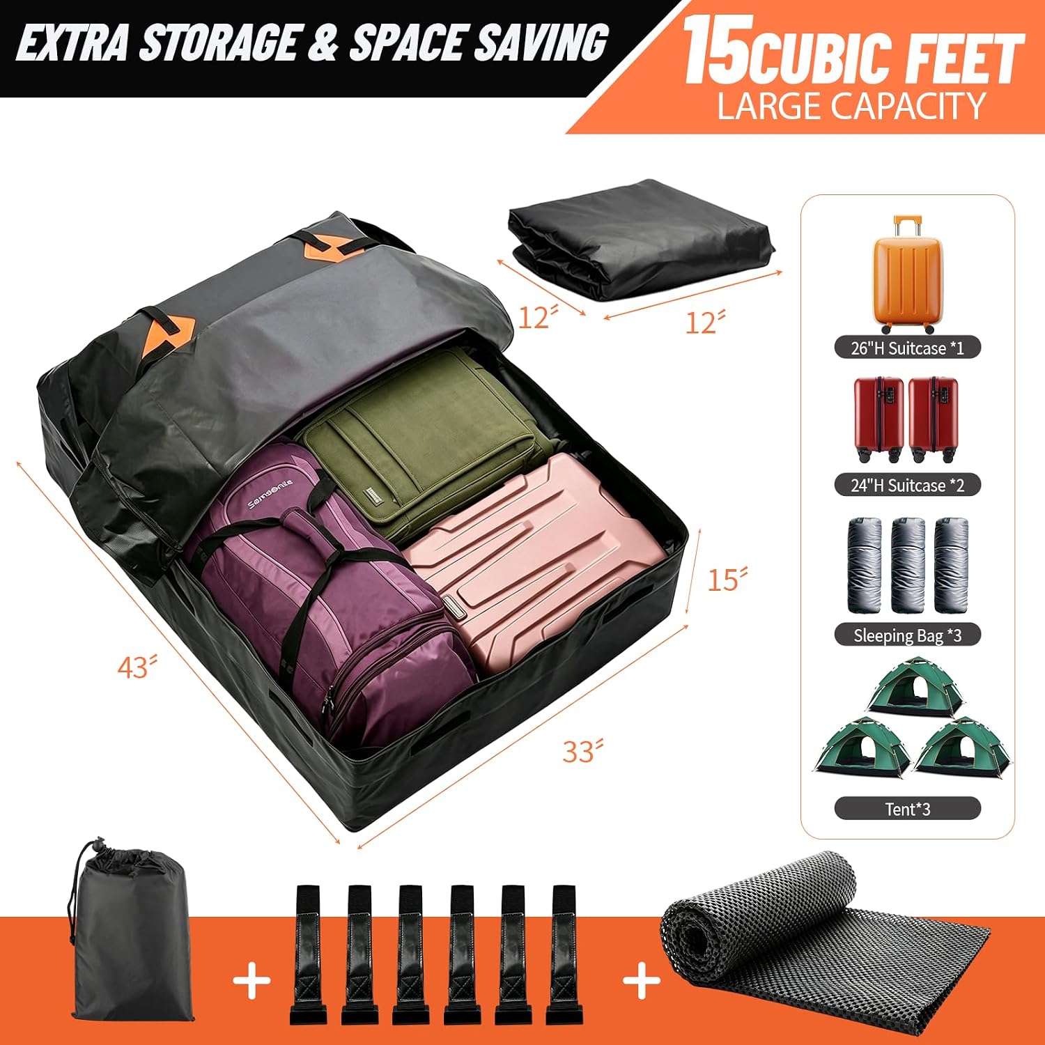 Rooftop Cargo Carrier, 20 Cubic Feet Waterproof Roof Cargo Bag, Car Top Carrier Fits Vehicles with or Without Roof Rack, Heavy Duty Soft Shell Roof Bag with Anti-Slip Mat, 6 Door Hooks & Storage Bag