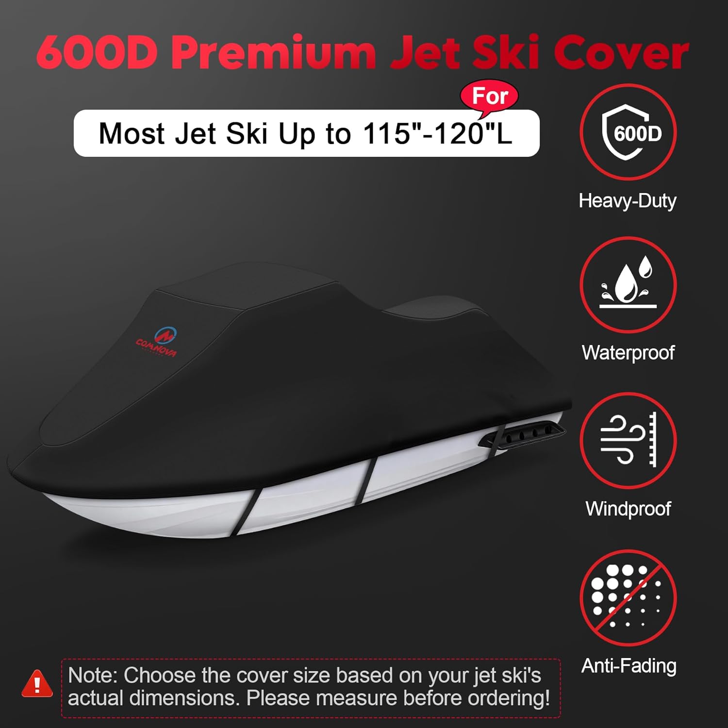 Comnova Jet Ski Cover 115-120 Inch - 600D Waterproof Trailerable Jetski Covers - Heavy Duty PWC Cover Fits Seadoo, Yamaha 2-3 Seater Personal Watercraft, All-Season Protection