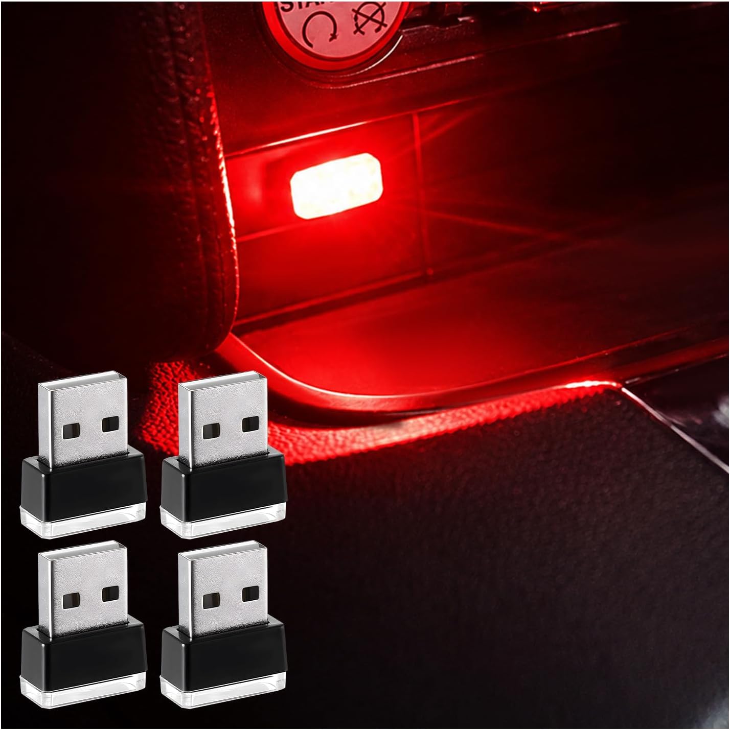 Augeny 4 PCS USB LED Car Interior Atmosphere Lamp, Plug-in USB Decor Night Light, Portable Auto Ambient Lighting Kit, Universal Vehicle Interior Accessories for Most Cars (Red)