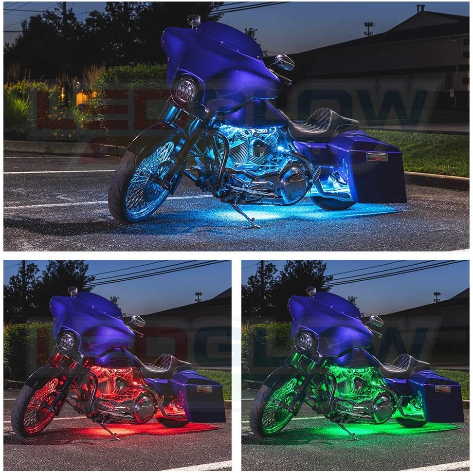 LEDGlow 12pc Advanced Million Color LED Motorcycle Accent Underlow Light Kit - 15 Solid Colors - 6 Patterns - Multi-Color Flexible Strips - Includes Waterproof Control Box & 2 Wireless Remotes