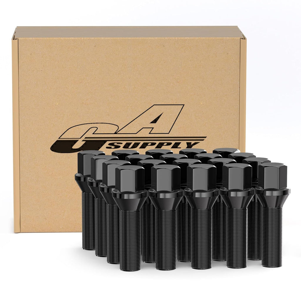 GAsupply 12X1.5 Lug Bolts Fit for E82 E88 E91 E92 E93 E36 E30 E90 E28 E34 E23, 20pcs 12-1.5 40mm Shank Extended Wheel Bolts/Studs Black, 17mm Hex, Cone Seat for 15mm Aftermarket Spacer