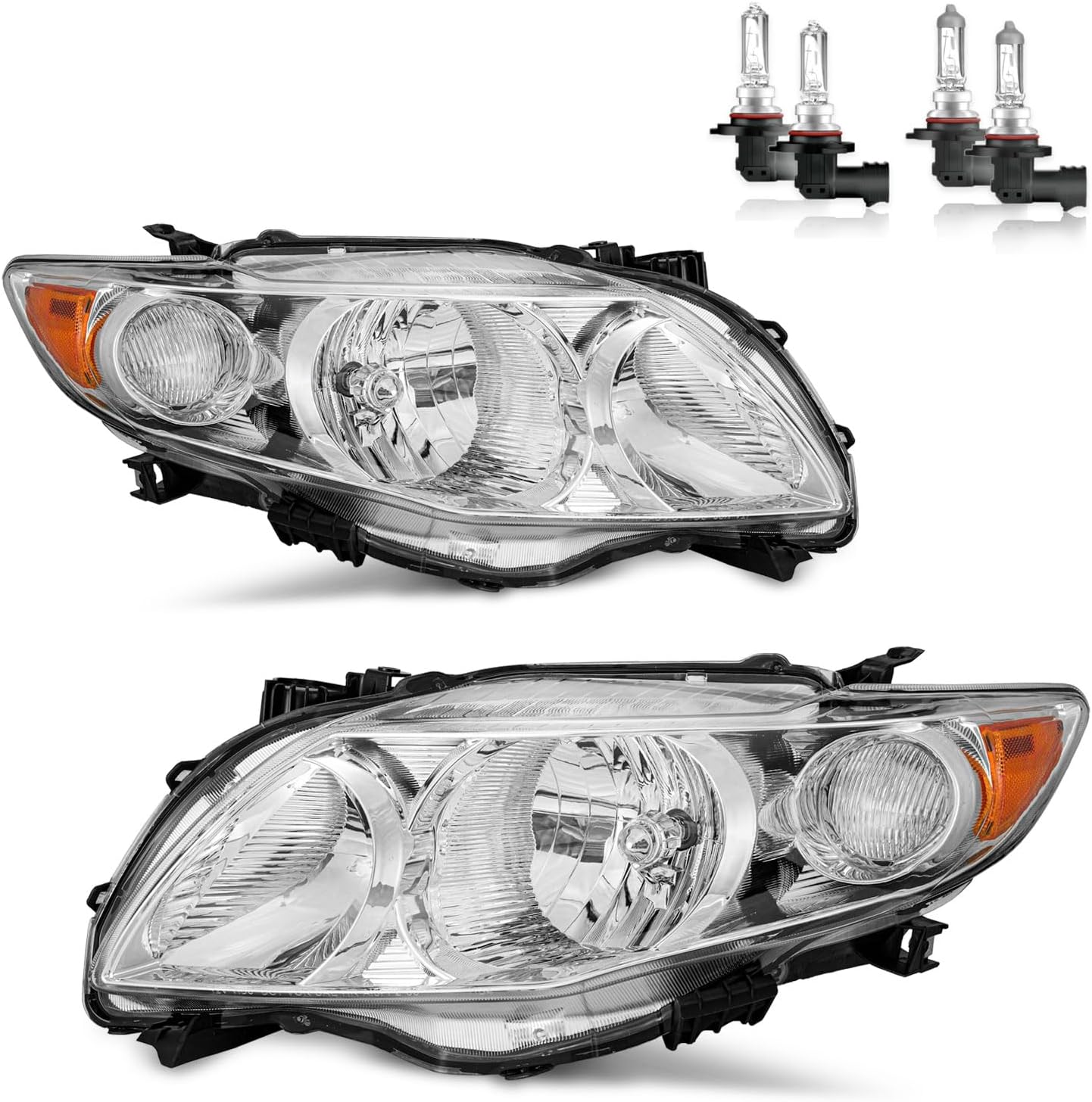 Headlights Assembly for 2009-2010 Toyota Corolla Halogen Headlamp Replacement Chrome Housing Amber Reflector Passenger and Driver Side