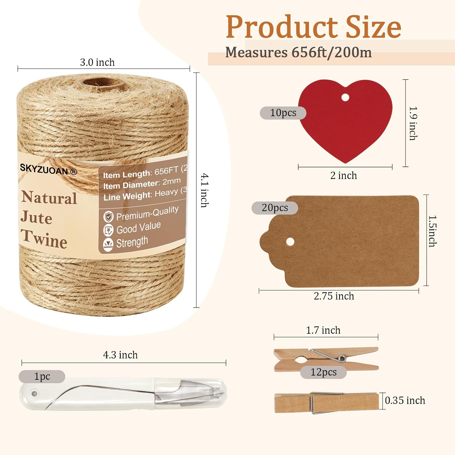 656 Feet Natural Jute Twine Kit 5-Pack, 2mm 3-Ply Premium Natural Fiber Sisal Hemp Jute Twine, Thin Rustic Craft String for Gift Wrapping, Gardening, DIY and Home Decor. Included Cutter, Clips & Tags