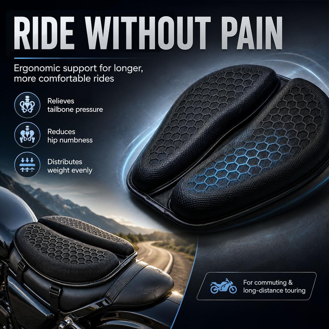 Motorcycle Seat Cushion, 3D Honeycomb Gel Motorcycle Seat Pad for Long Rides, Shock Absorbing Breathable Gel Seat Cushion, Universal Non-Slip Motorcycle Seat Cover with Fixing Straps (Black)