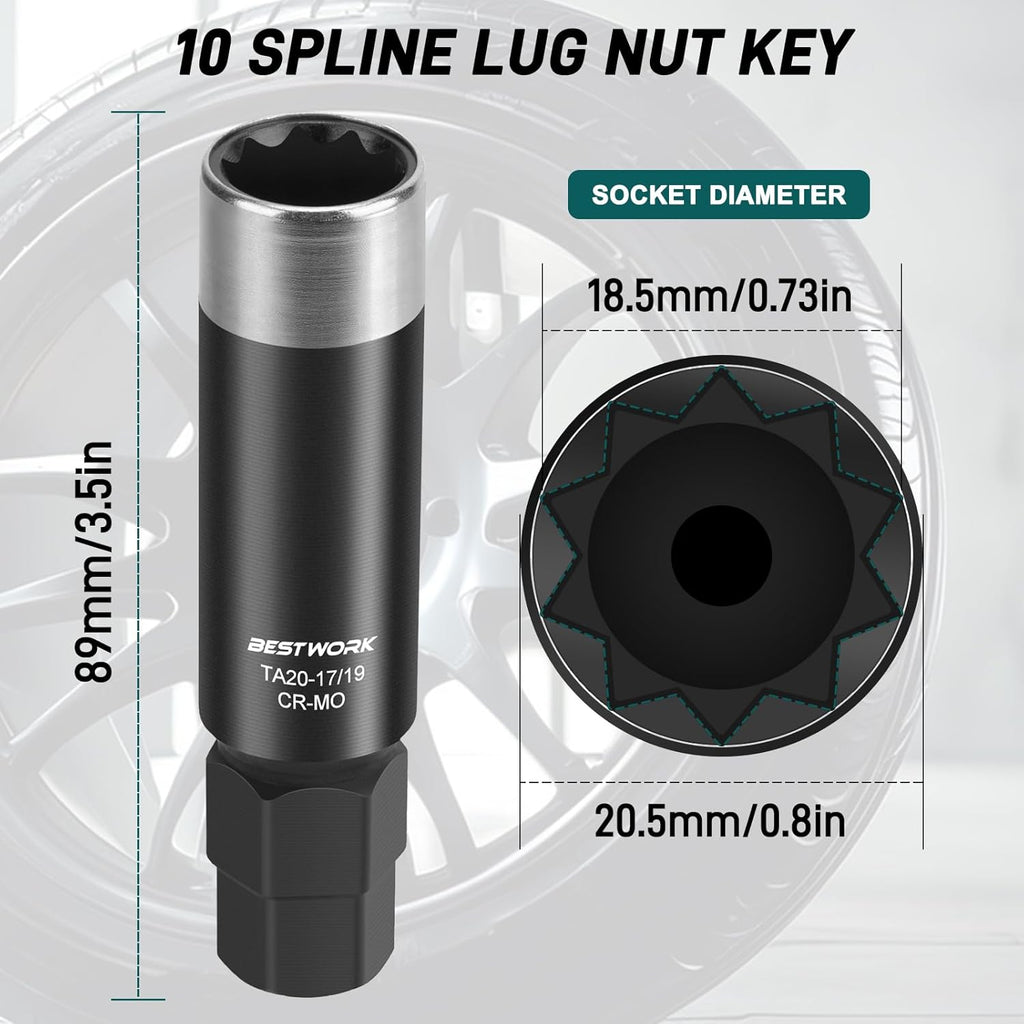 10 Spline Lug Nut Key, for TA20-17/19 10 Point Lug Nut Socket | Compatible with Bimecc 10 Spline Lug Nut Socket, Double Layer Reinforcement, Dual Hex Drive, CR-MO Steel