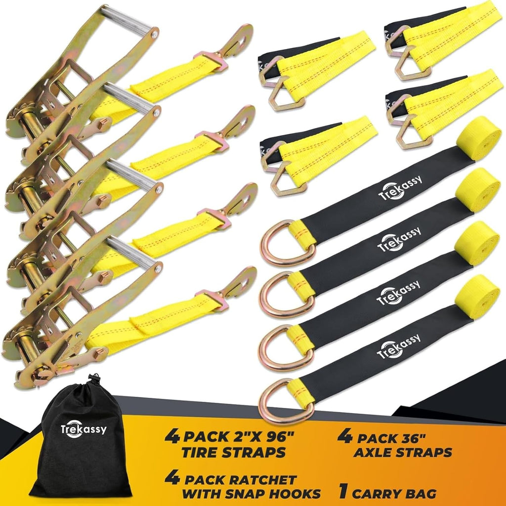 Trekassy 2" x 96" Car Tie Down Straps for Trailers, Heavy Duty Tire Tie Downs for ATV/UTV, 10000lbs Break Strength, Include 4 Axle Straps for Different Uses