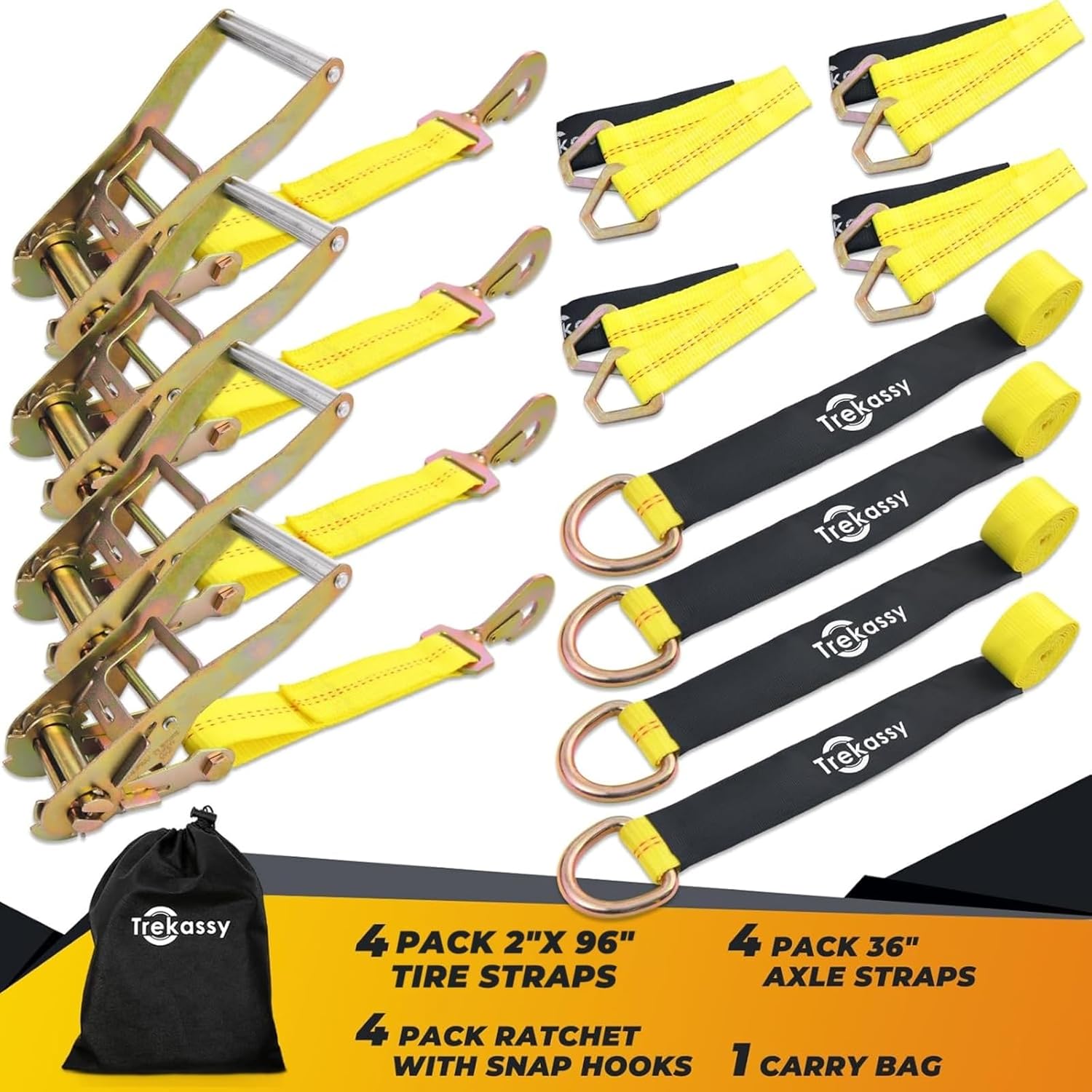 Trekassy 2" x 96" Car Tie Down Straps for Trailers, Heavy Duty Tire Tie Downs for ATV/UTV, 10000lbs Break Strength, Include 4 Axle Straps for Different Uses