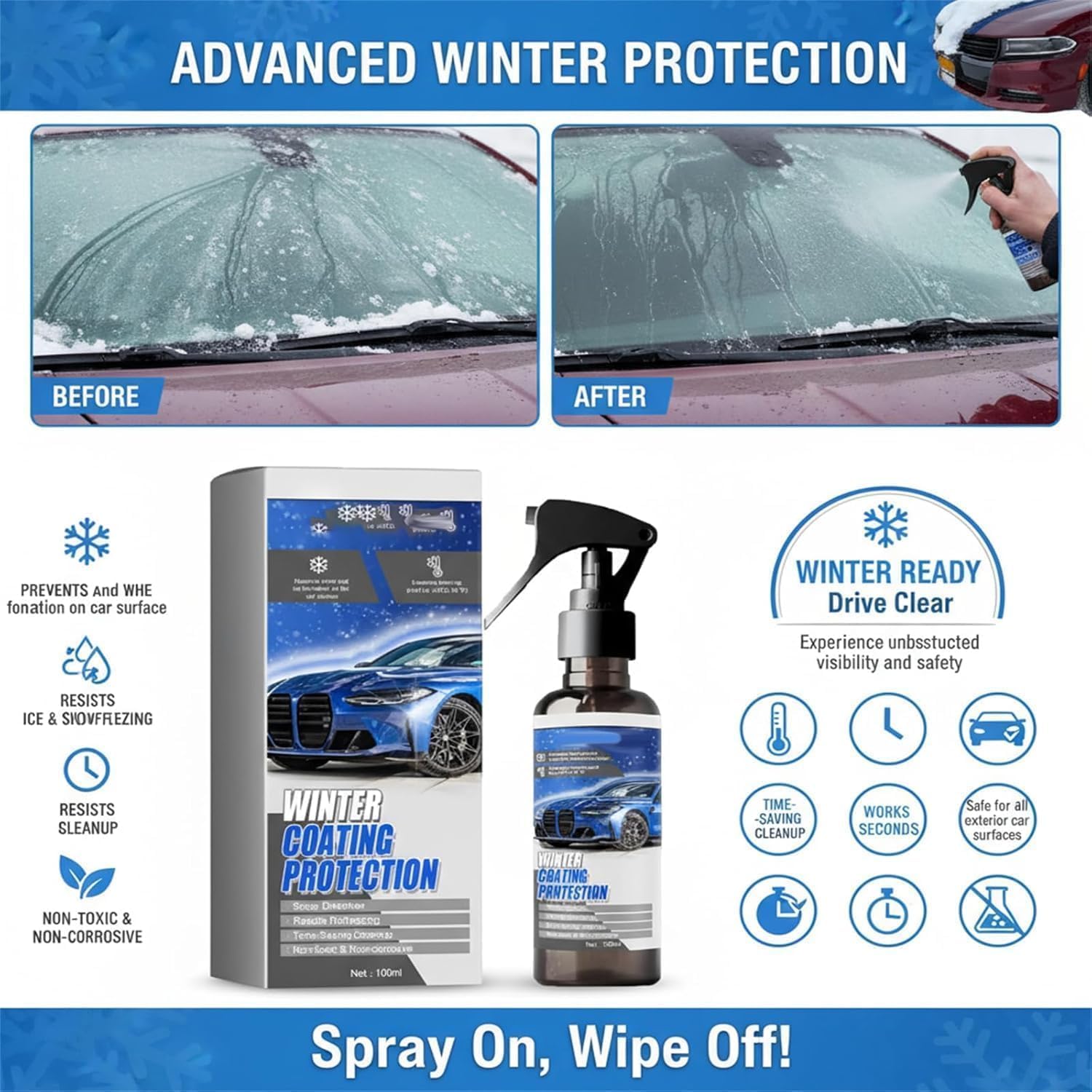 Car Windshield Snow Melting Coating Spray,Windshield De Icer Spray for Winter,Multi-Purpose Car Window Remover Snows Sprays for All Cars (3PC)