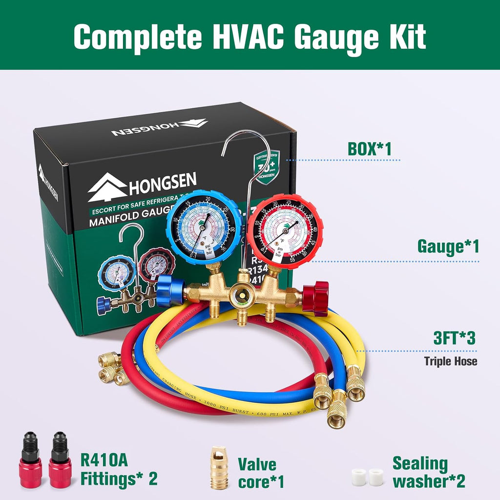 hvac manifold gauge set with brass body and showing dimensions