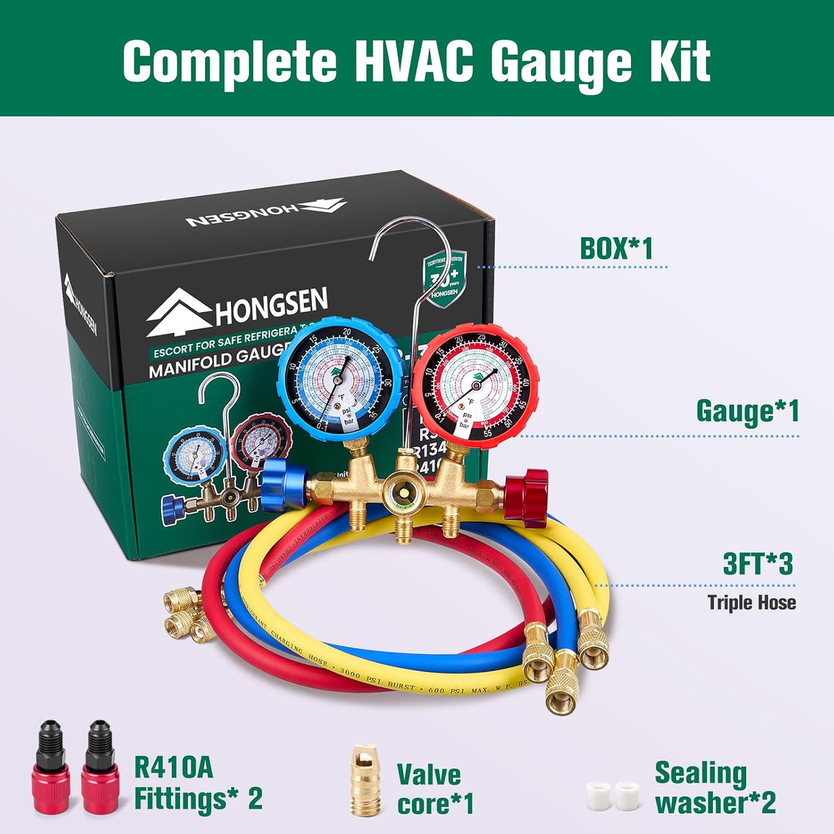 hvac manifold gauge set with brass body and showing dimensions