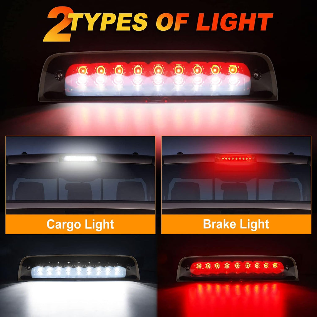 BORDAN For Dodge Ram Third Brake Light Stop Lamp Compatible For 2009-2017 Dodge Ram 1500 2010-2017 Dodge Ram 2500 3500 White & Red LED Brake Tail Light Assembly Smoke Lens
