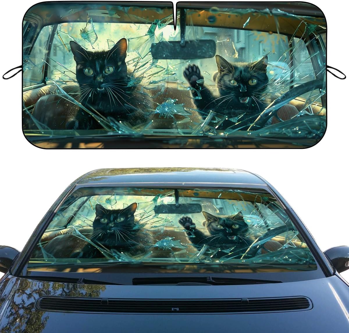 Funny Black Cat Car Windshield Sunshade - Folding 3D Broken Glass Heatshield - Front Window Sun Shade Visor Protector - 59" L x 31.5" W