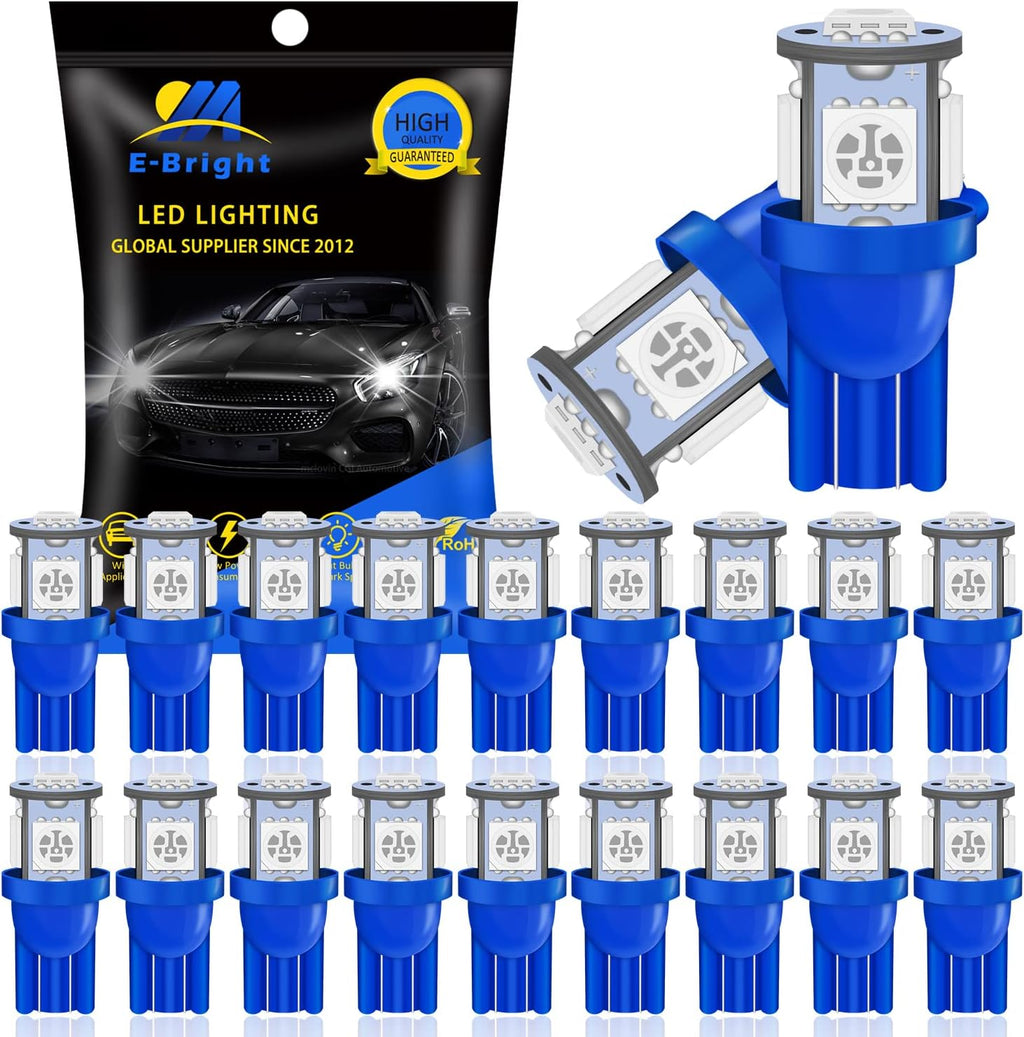 YM E-Bright 20-Pack 194 Led Bulb Blue, T10 168 912 W5W 2825 LED Bulb for Car Interior Dome Map Light Trunk Door Dashboard License Plate Light Lamp, 5050Chips 5SMD, DC 12V