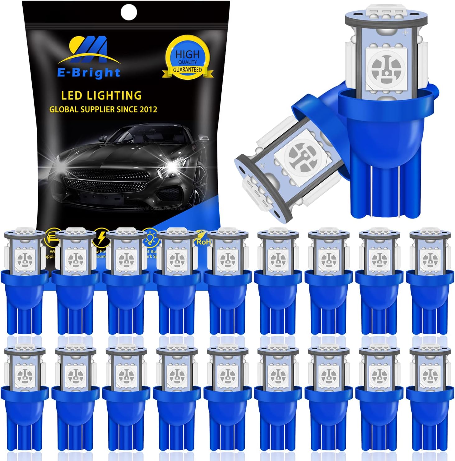 YM E-Bright 20-Pack 194 Led Bulb Blue, T10 168 912 W5W 2825 LED Bulb for Car Interior Dome Map Light Trunk Door Dashboard License Plate Light Lamp, 5050Chips 5SMD, DC 12V