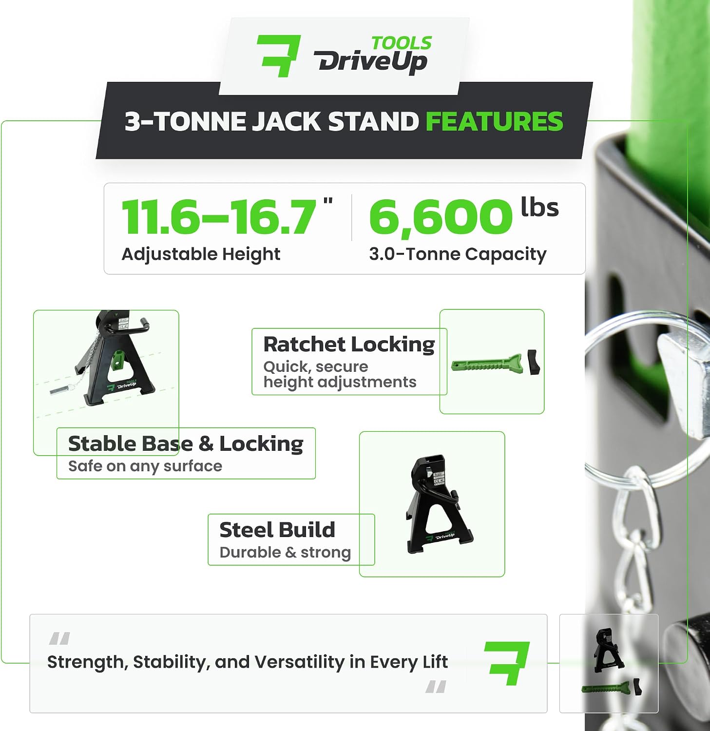 Jack Stands 3 Ton (6,600 lb) Heavy Duty Steel, Double Locking, Set of 2, Adjustable Height 11.03-16.7 Inch, Green Car Jack Stands for Cars SUV Trucks Vans