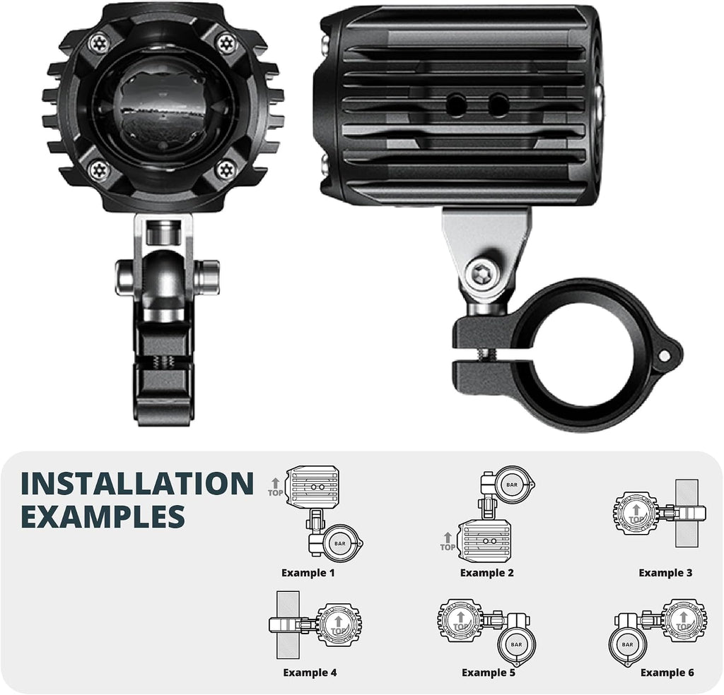 Tackform Dual Motorcycle Auxiliary LED Lights | 6000 Lumens, 60W, 3000K-6000K, IP68 Waterproof | Billet Aluminum | 360° Swivel Mount | For 7/8", 1”, 1 1/4" Bars Only | Motorcycle, 4 Wheeler, Dirt Bike