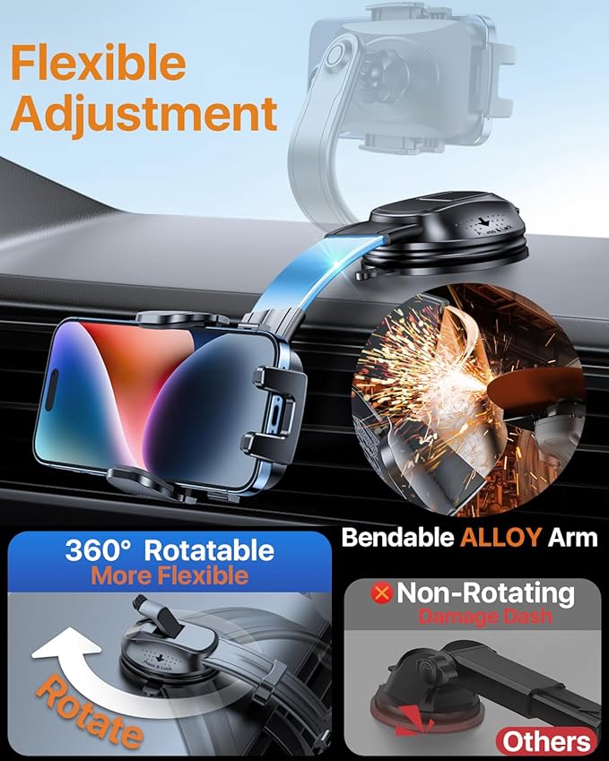 HTU Upgraded Strongest Suction Car Phone Holder Bendable Arm, Never Block View - Image 4