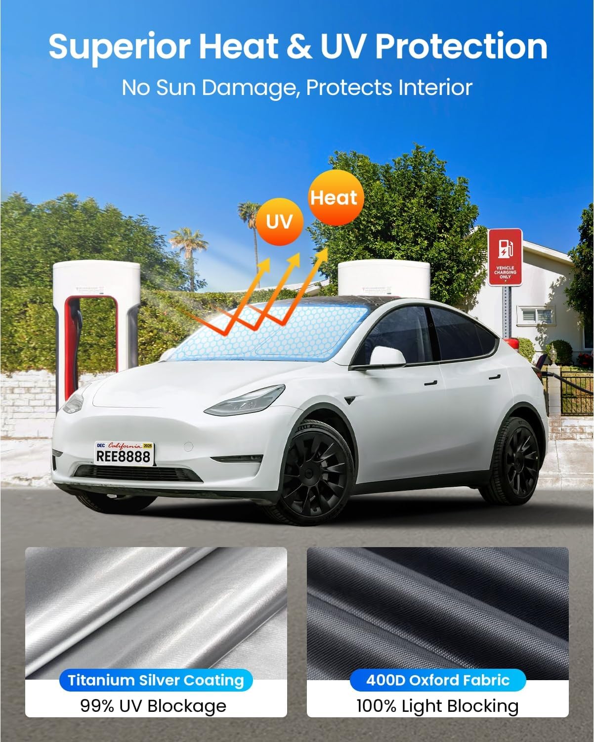 REEVAA Upgraded Tesla Model X Sunshade Windshield [Tailored Fit, 99% Sun Protection] Excellent Foldable and Easy-Use Sunshade Accessories with Storage Bag Fit Model X 2021-2025, Silver Coating