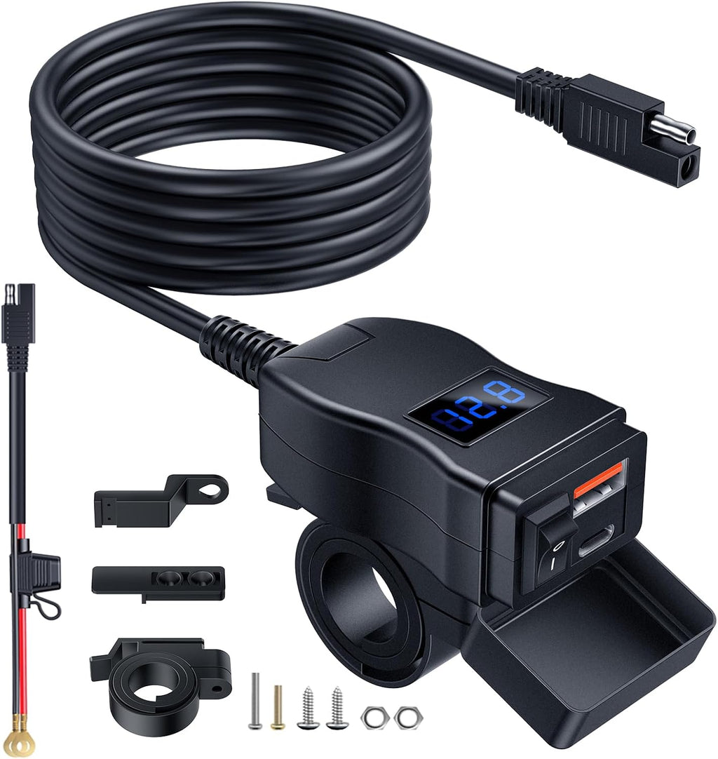 EXTRACTME Motorcycle USB Charger, Dual USB Type C PD & Quick Charge 3.0 Motorcycle Phone Charger with Voltmeter & ON/Off Switch, Waterproof Motorcycle Accessories for All Phone, Tablet, GPS