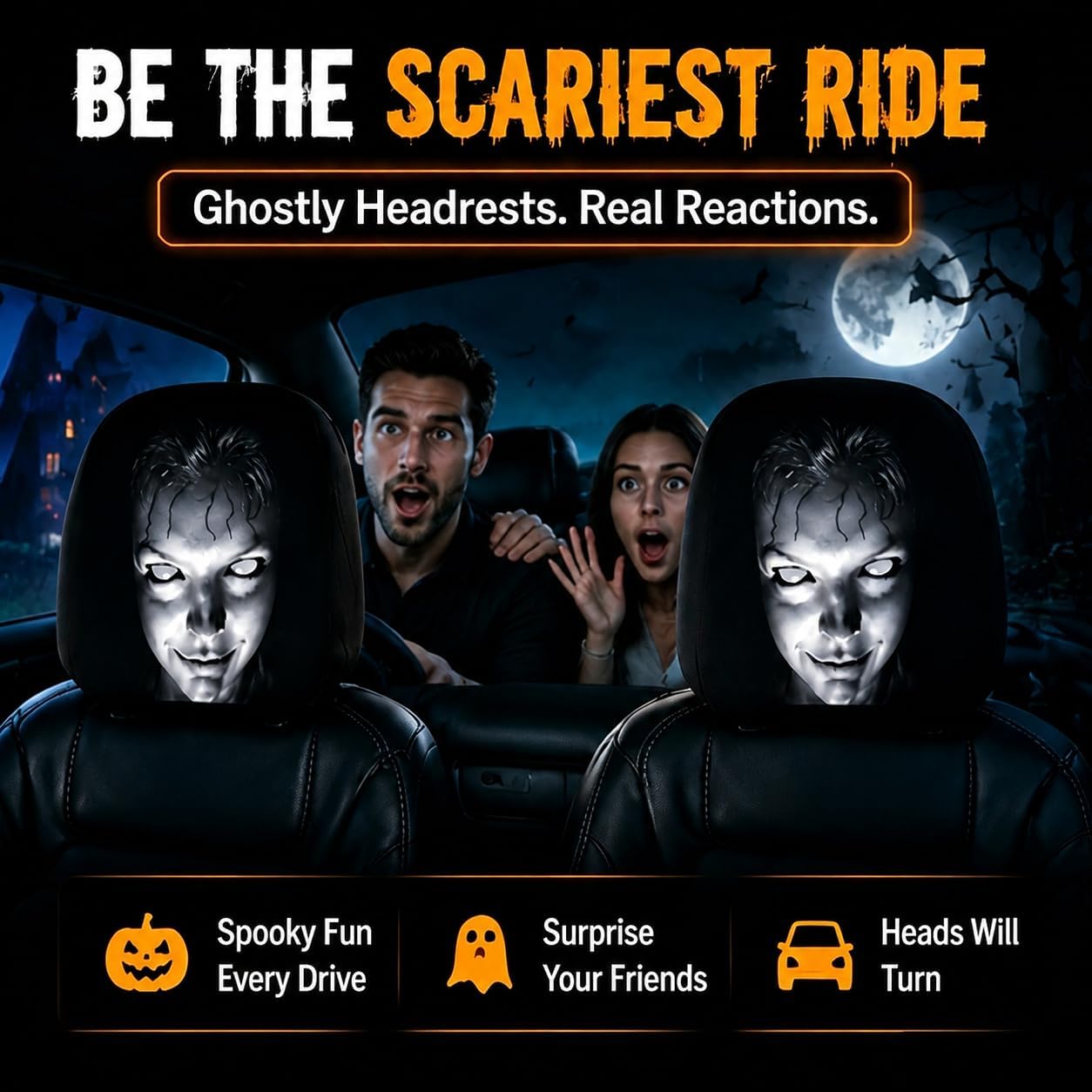 4 Pcs Ghost face Headrest Covers for Cars, Universal Spooky Halloween Auto Interior Decor, Funny Cartoon Creepy Car Head Rest Protector Case for Vehicle Truck SUV (Set A)