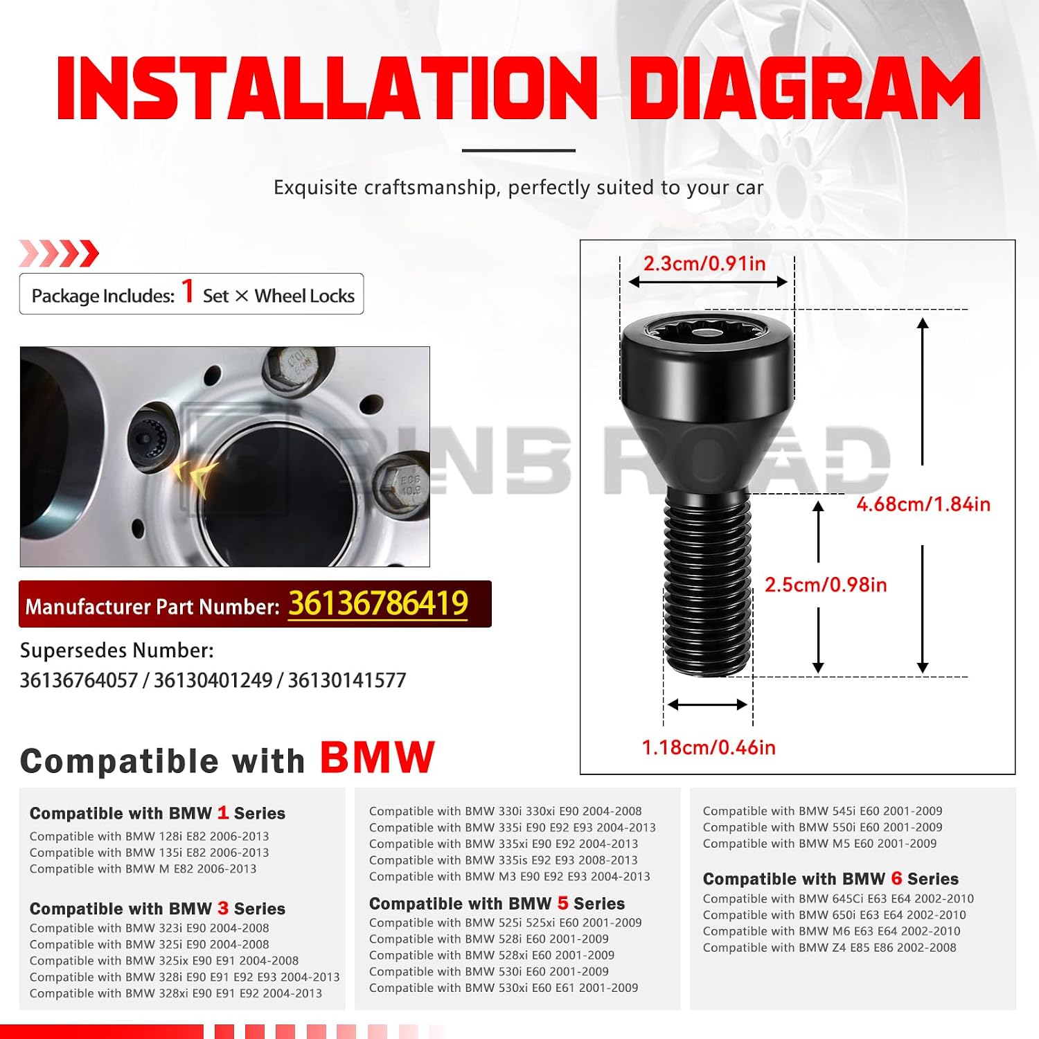 Lockable Wheel Bolt Rim Locks M12 X 1.5 Compatible with BMW 128i 325i 328i 335i 525i 528i 550i 650i Z4 (Replaces 36136786419)