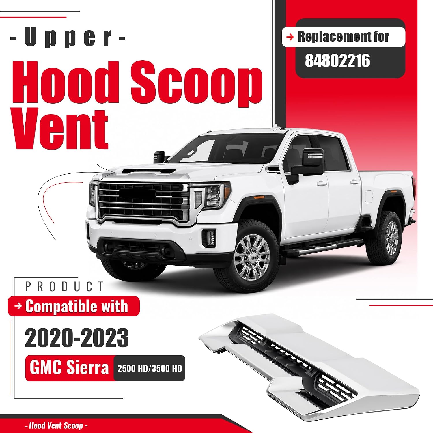 Front Upper Hood Scoop Vent Compatible with 2020-2023 GMC Sierra 2500 HD/3500 HD Replacement for 84802216 Air Vent Hoods Plastic (ABS+PP) Chrome Silvery+Black