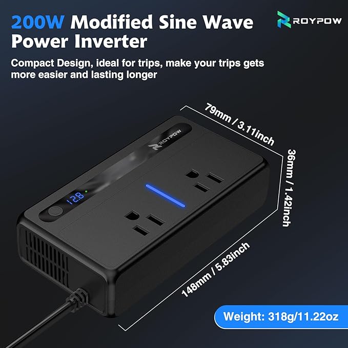 RoyPow 200W Car Power Inverter, DC 12V to 110V AC Power Inverter - Image 9