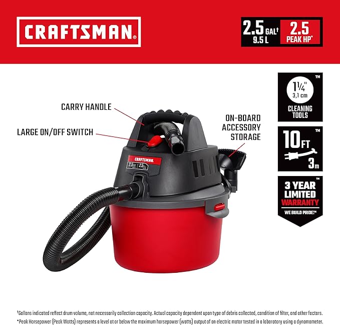 CRAFTSMAN CMXEVBE17596 20 Gal. 6.5 Peak HP Heavy Duty Wet/Dry Shop Vacuum - Image 3