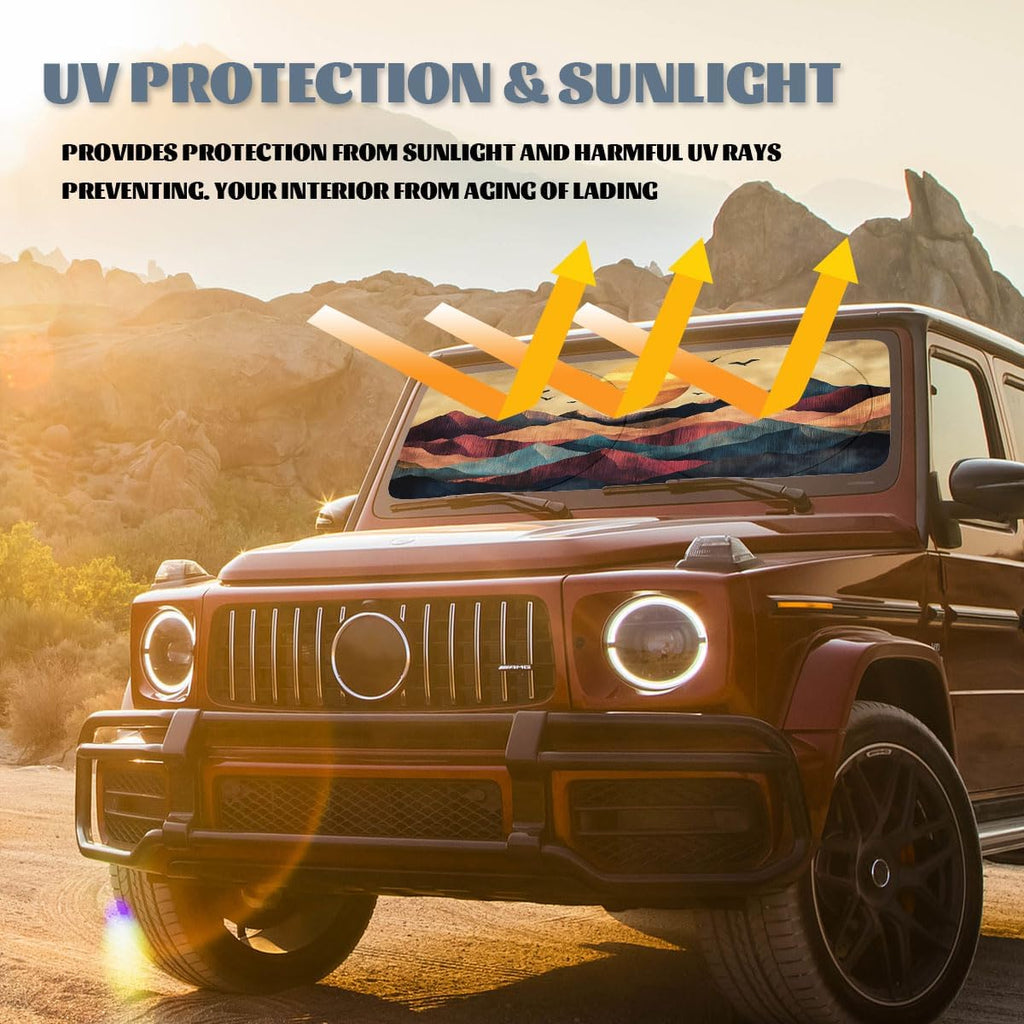 Sunset Mountains Car Windshield Sunshades Abstract Art Landscape Birds Sun Front Window Sun Shade Blocks UV Rays Sun Visor Protector for Car Sedan Truck SUV Accessories 59" X 31"
