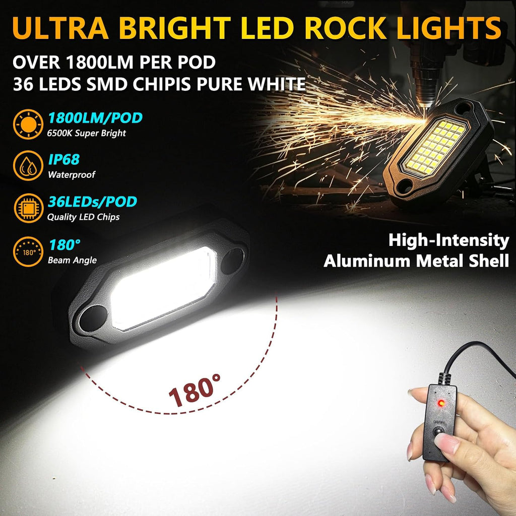 White Rock Lights,Haistyle LED Pure White Rock Lights Kit 4PCS with Switch Wire Harness Kit for Trucks UTV Off Road Boat ATV SUV Luces para Carro Super Bright High Power Light Waterproof Shockproof