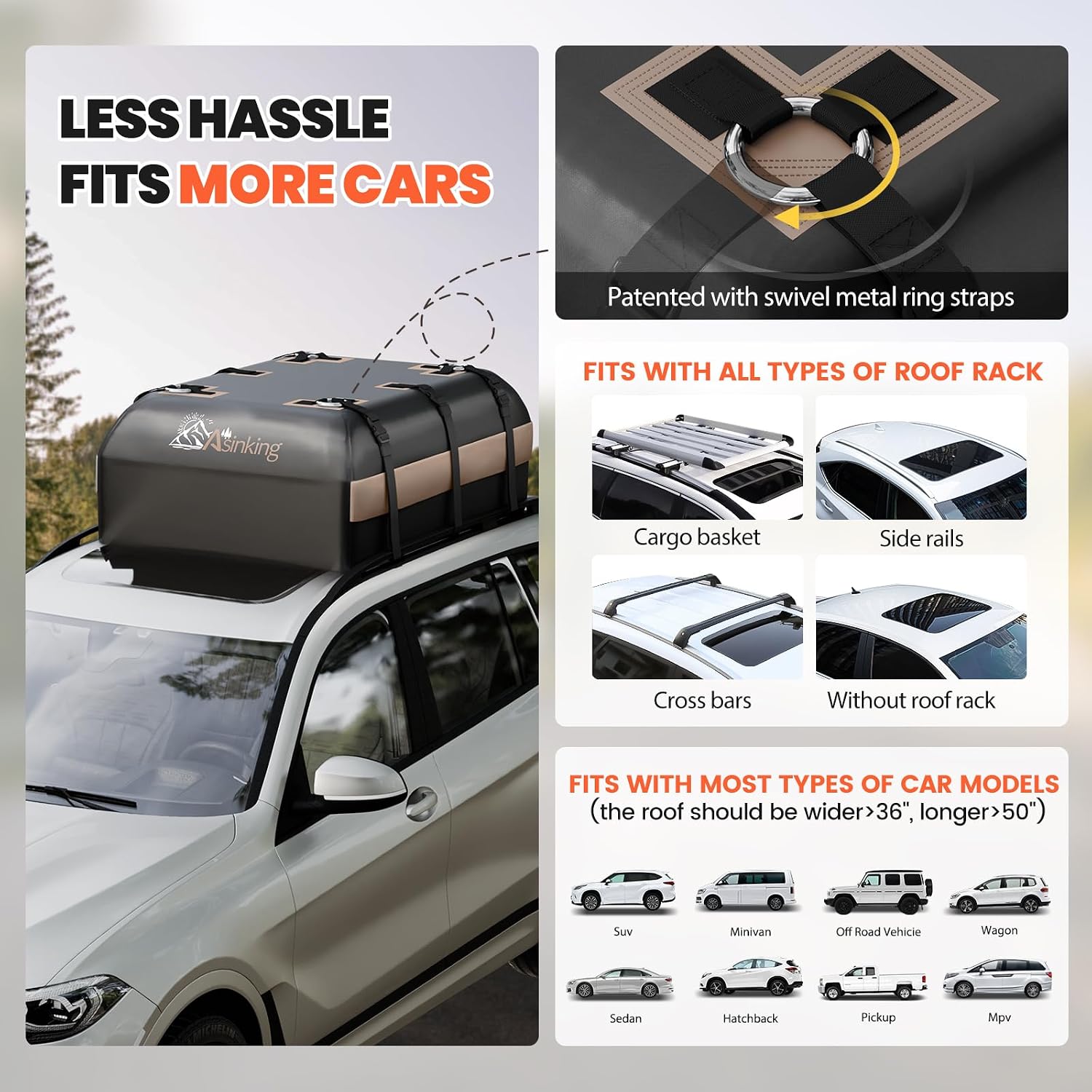 Asinking Car Rooftop Cargo Carrier Bag, 15 Cubic Feet Waterproof Roof Cargo Bag for Sedan SUV Minivan, Fit Vehicles with/Without Roof Rack, Sidebars & Crossbars - Max Size 44" L x34 W x17 H