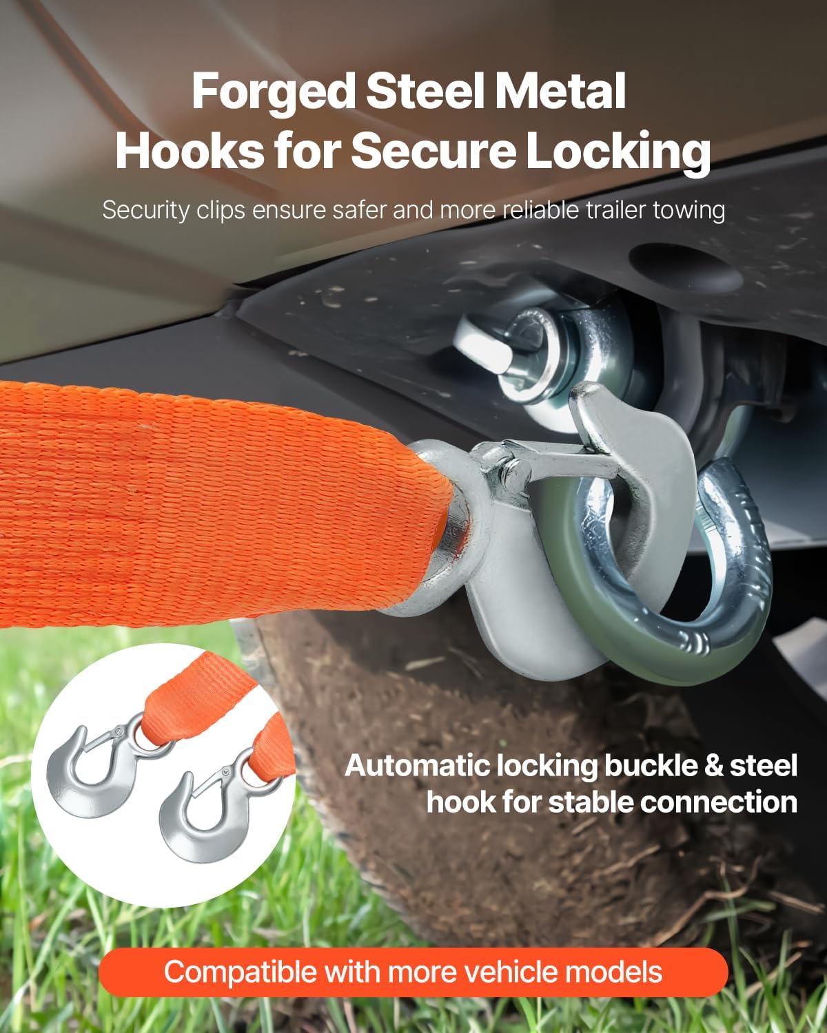 VEVOR ATV Tow Strap with Hooks, 2-inch x 20-Foot, 17000 lbs Capacity, Durable Recovery Rope with Security Hooks for Trucks and Vehicles, Essential Towing Accessory for Roadside Assistance