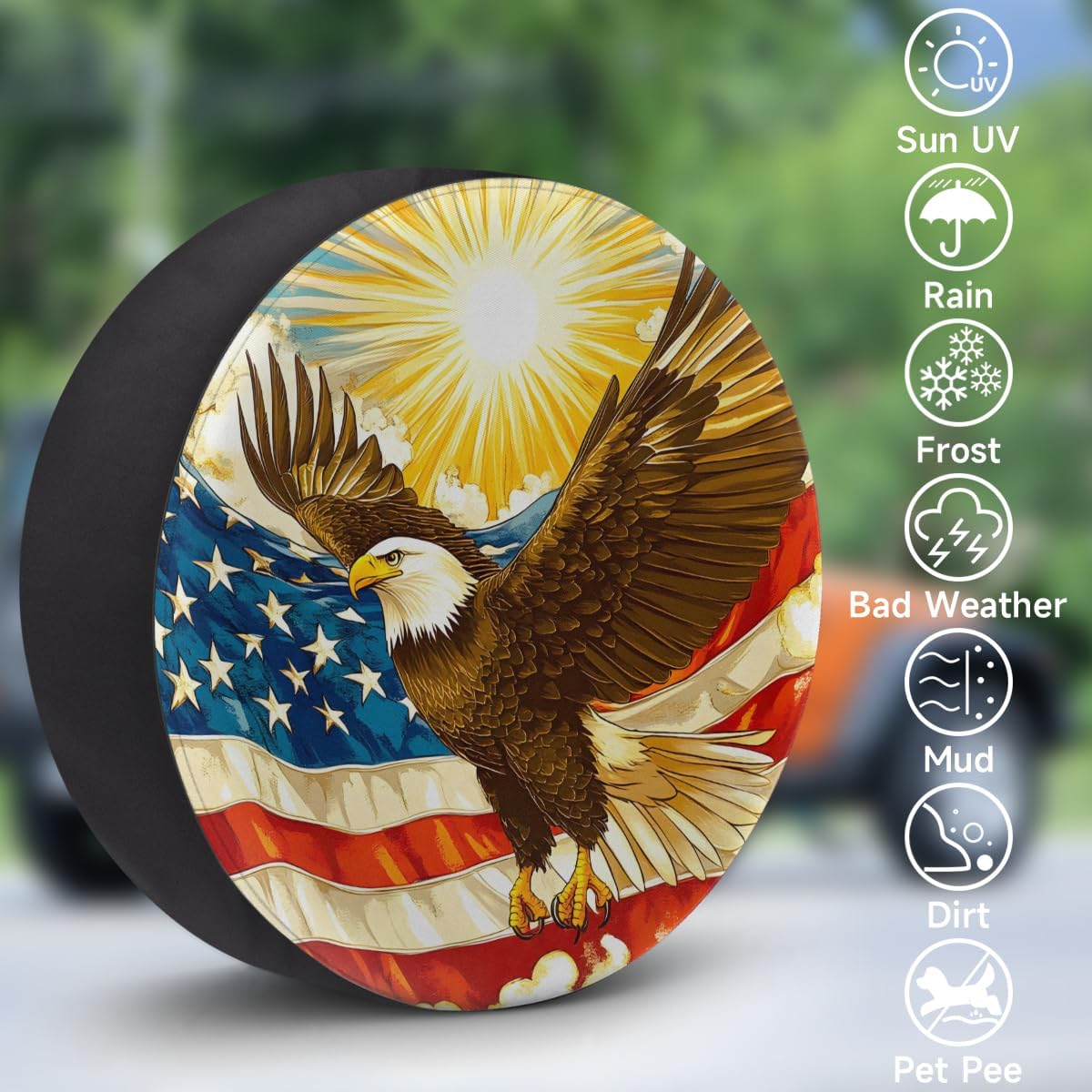 Rv Spare Tire Cover Wheel American Flag Eagle Sun Tire Covers Wheel Protectors Universal Fit for Camper RV SUV Truck Travel Trailer Accessories Waterproof Cover 17 inch for Diameter 31-33in