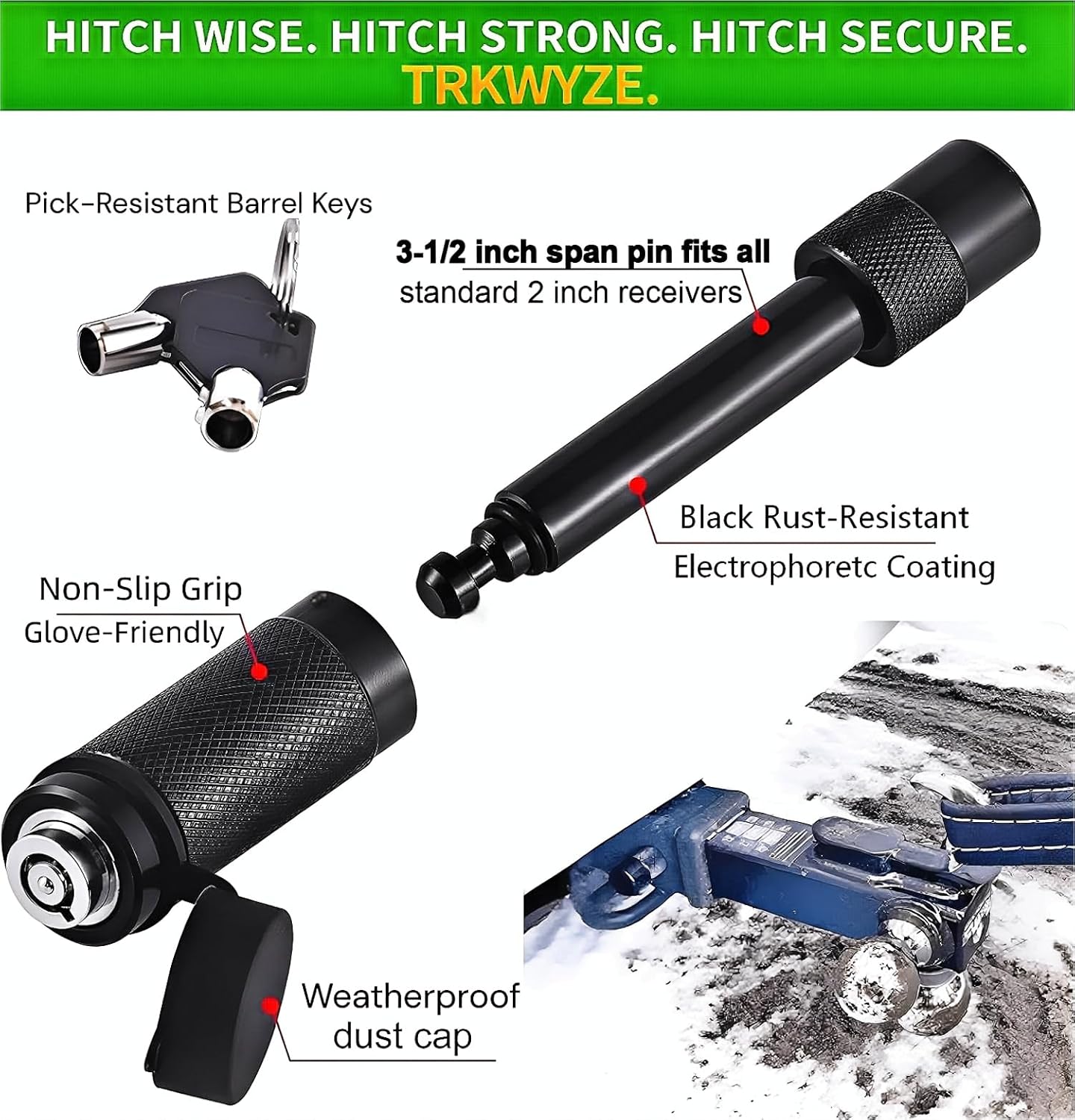 Hitch Lock for 2” & 2-1/2” Receivers, Rust-Resistant Locking Hitch Pin, 3-1/2" Usable Length, Pick-Resistant Lock Design, 12,000 lbs GTW for Secure Towing (Keyed1Pack) | Tamper-Proof Barrel Keys & Lock System, Push-to-Lock Convenience, Weather-Proof