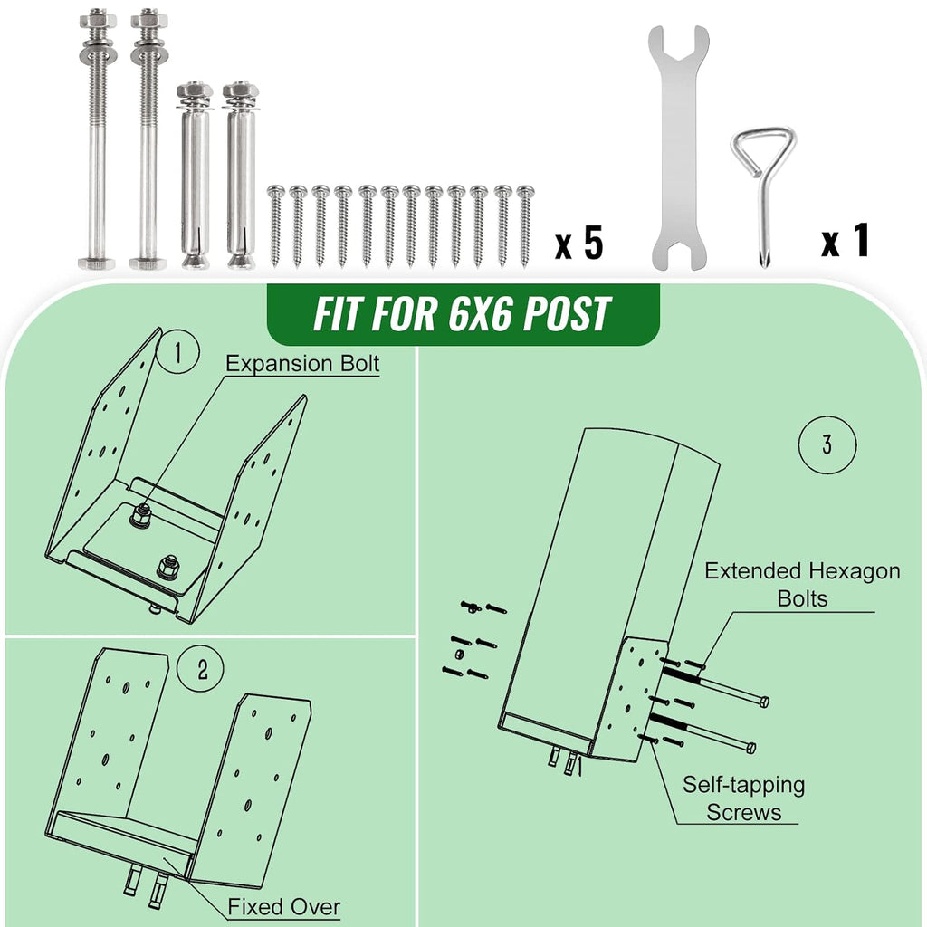 6"x 6" post base, 5pcs stainless steel post, package contents