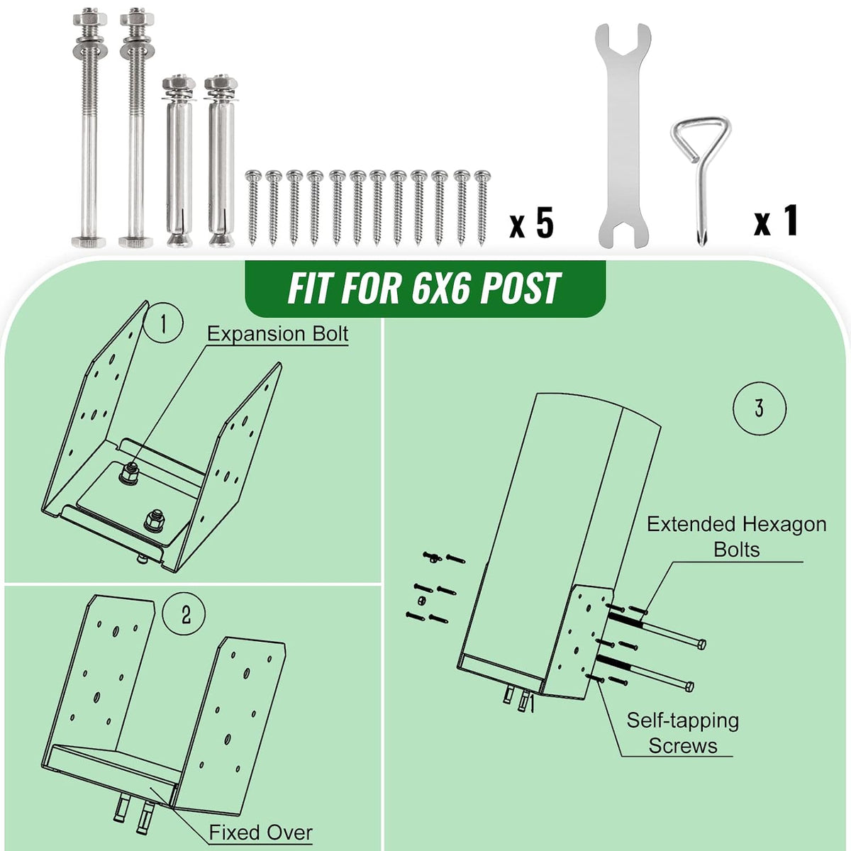 6"x 6" post base, 5pcs stainless steel post, package contents