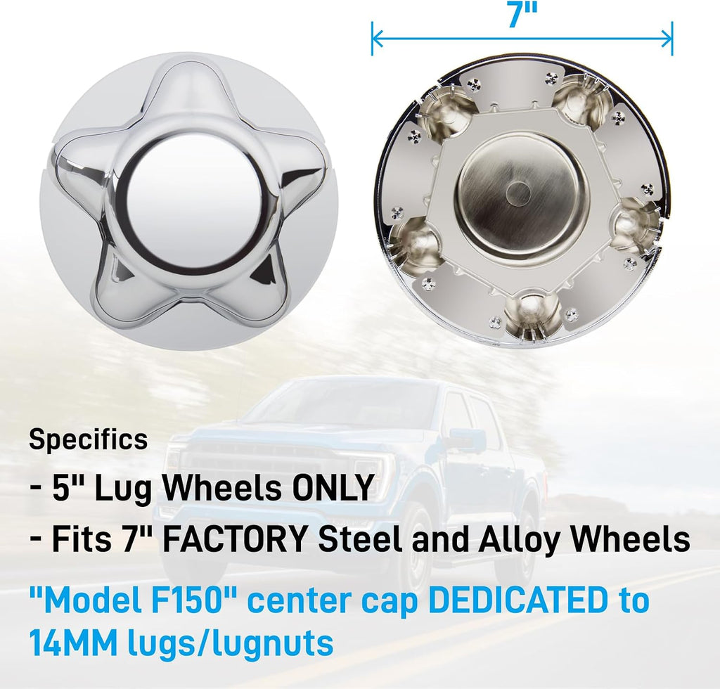 B4B BANG 4 BUCK 4 Packs 7" Center Cap with 5-Lug Steel Wheel Chrome for Ford 1997-2003 F150 F-150 97-02 Expedition