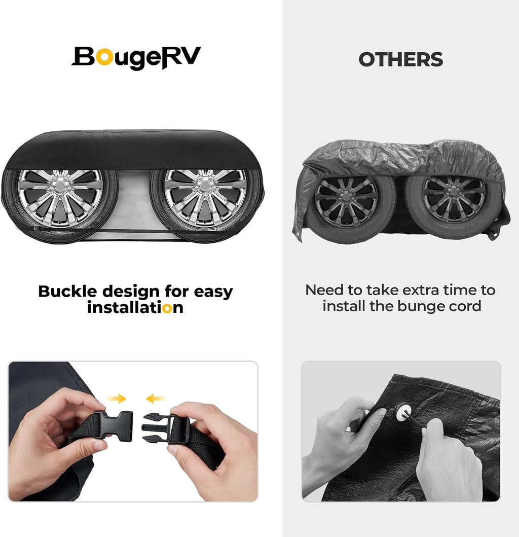 BougeRV RV Tire Covers, Dual Axle Wheel Cover (2 Packs) Fits 30"-33" Diameter Tires, Waterproof Anti-UV Tire Covers Accessories with Reflective Tape for RV/Trailer/Truck, Black