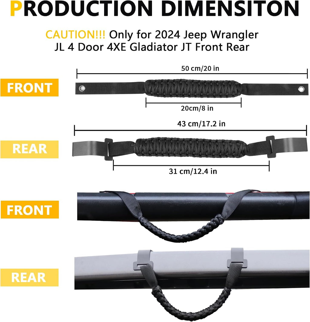 Front Rear Door Roll Bar Grab Handles Compatible with 2024 2025 Jeep Wrangler JL 4 Door 4XE Gladiator JT Interior Accessories Paracord Grip Handle, Keep Airbag Function, 4 Pack Black Classic