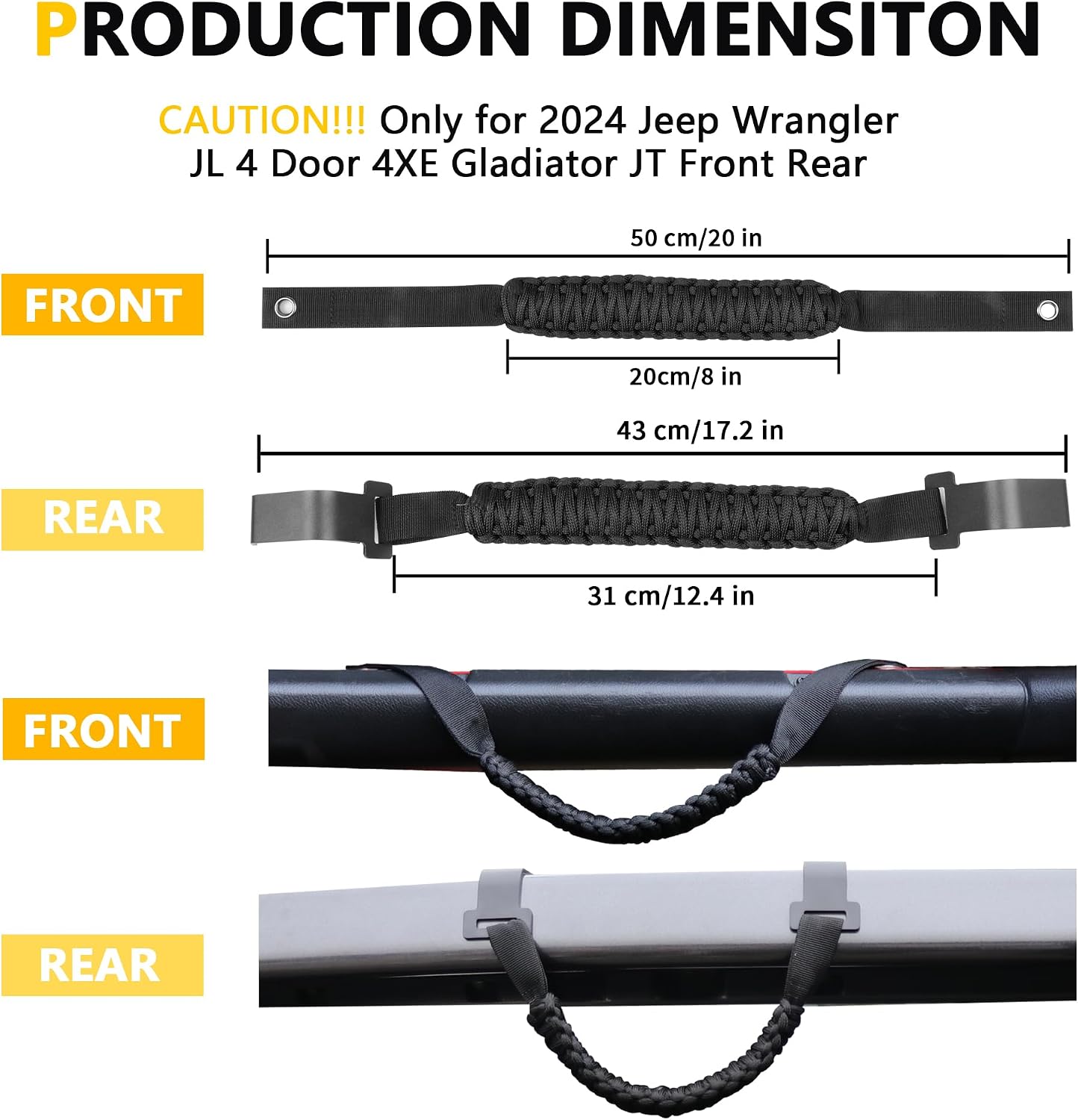 Front Rear Door Roll Bar Grab Handles Compatible with 2024 2025 Jeep Wrangler JL 4 Door 4XE Gladiator JT Interior Accessories Paracord Grip Handle, Keep Airbag Function, 4 Pack Black Classic