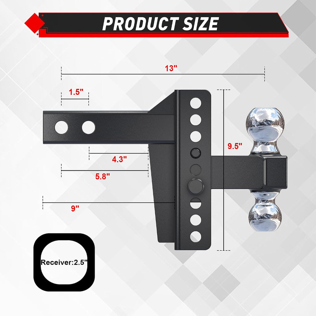 TYT Adjustable Truck Trailer Hitch for 2.5 inch Receiver, 6" Drop/Rise,2" & 2-5/16" Ball, Includes Two Pin Locks & Hitch Tightener