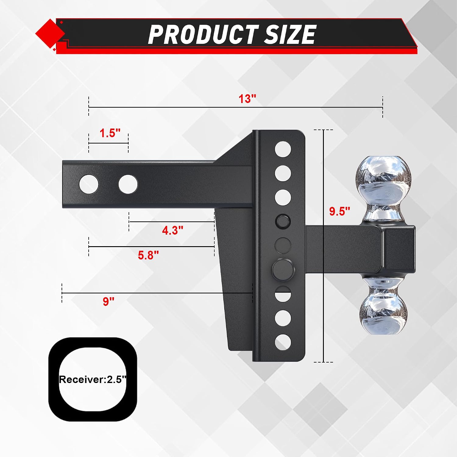 TYT Adjustable Truck Trailer Hitch for 2.5 inch Receiver, 6" Drop/Rise,2" & 2-5/16" Ball, Includes Two Pin Locks & Hitch Tightener