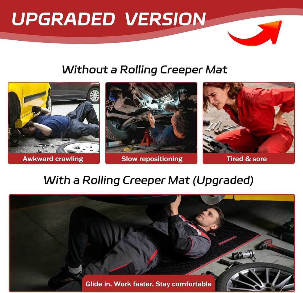 Upgraded Rolling Creeper Mat for Mechanics, 60 x 28 in Padded Automotive Work Mat for Cars, SUVs & Pickup Trucks, Red