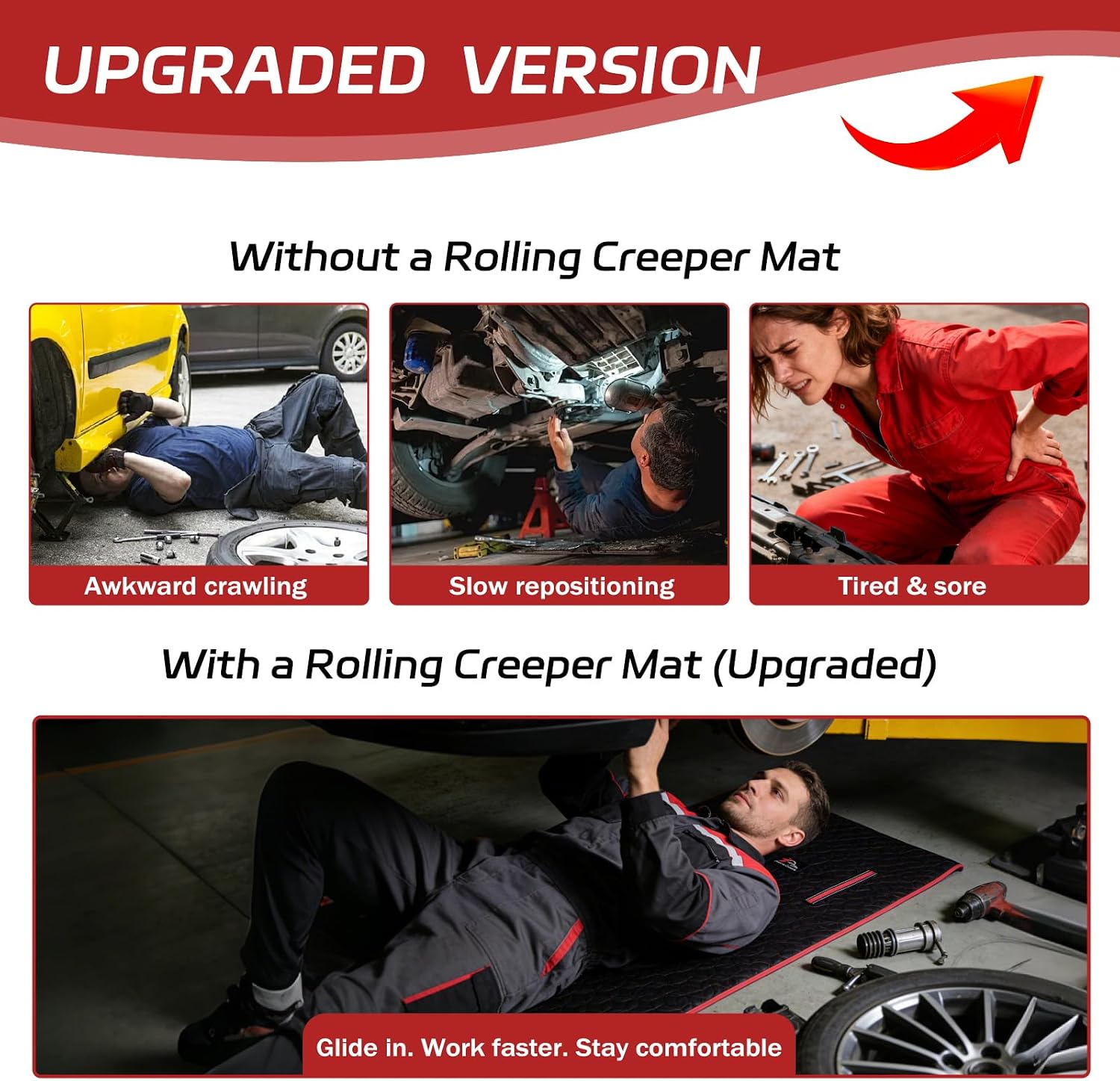 Upgraded Rolling Creeper Mat for Mechanics, 60 x 28 in Padded Automotive Work Mat for Cars, SUVs & Pickup Trucks, Red