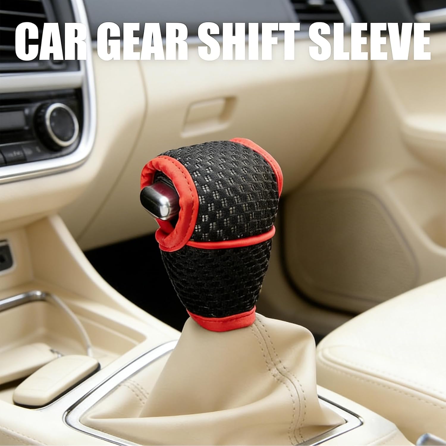 Car Gear Shift Knob Cover, 5D Mesh Fabric Car Gearshift Protector, Anti-Slip Breathable Vehicle Shifter Lever Dust Cover, Universal Decorative Accessories for Cars, Trucks, SUVs (Black Red)