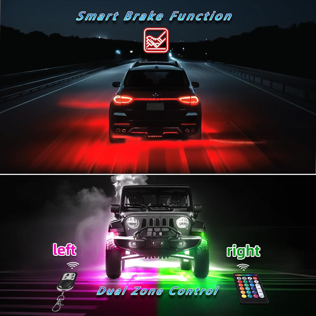 12Pods RGB LED Rock Lights Kit with APP/RF Remote Control Dual Zone Brake, Car Underglow Lights Multicolor Neon Underbody Lights Waterproof 12V for Trucks Pickup Jeep Golf Cart SXS ATV