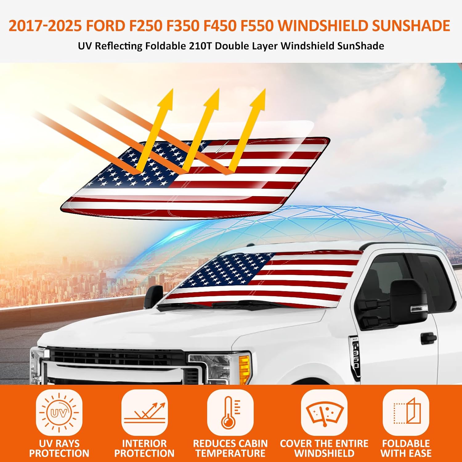 Bestview American Flag Windshield Sunshade for 2017-2025 Ford F250 F350 F450 F550,Custom Fit Foldable Front Window Sunshade Sun Visor Accessories Protector Block UV Rays Heat, Keep Your Car Cooler